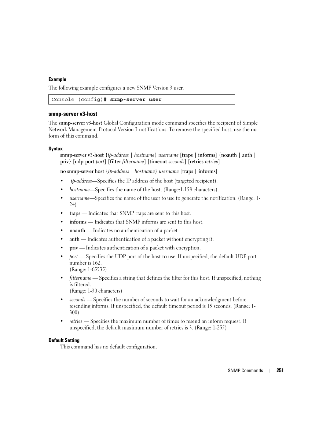 Dell 5324 Snmp-server v3-host, Following example configures a new Snmp Version 3 user, Console config# snmp-server user 