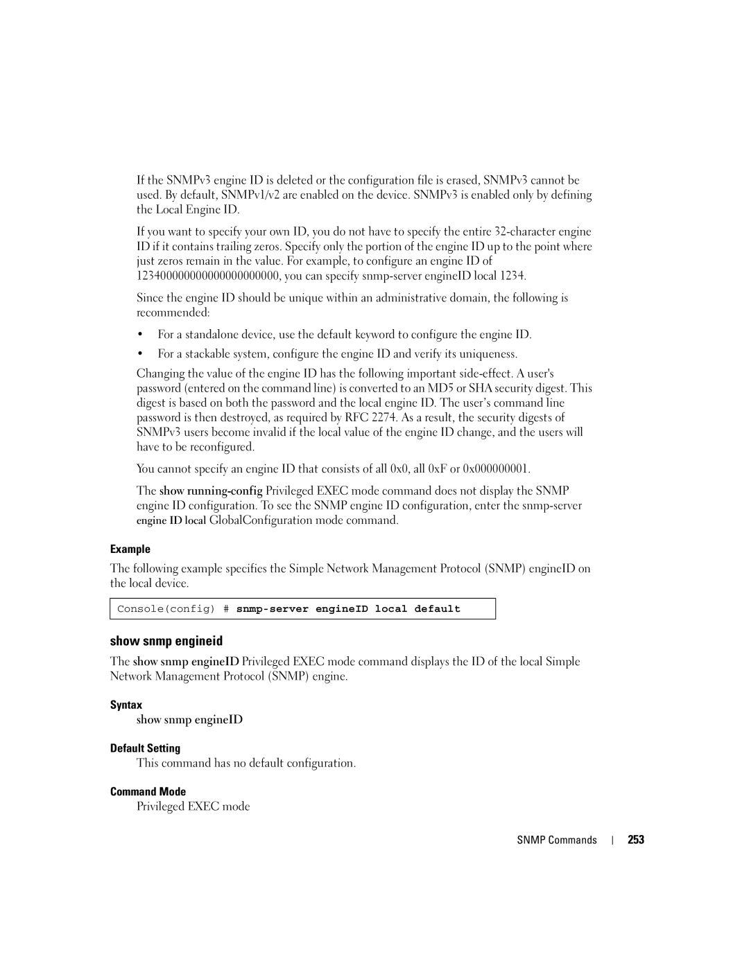 Dell 5324 manual Show snmp engineid, Syntax Show snmp engineID Default Setting, 253 