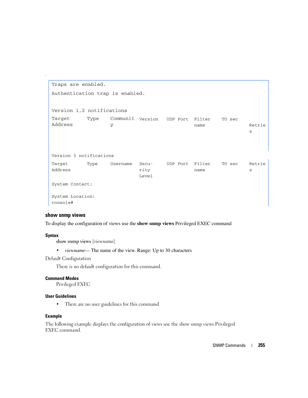 Dell 5324 manual Syntax Show snmp views viewname, 255 