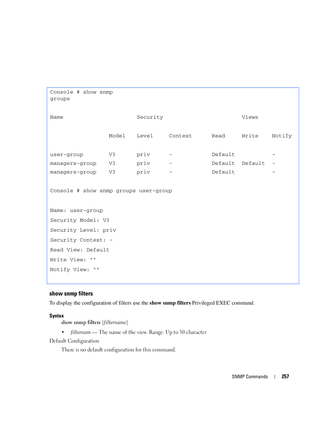 Dell 5324 manual Syntax Show snmp filters filtername, 257 