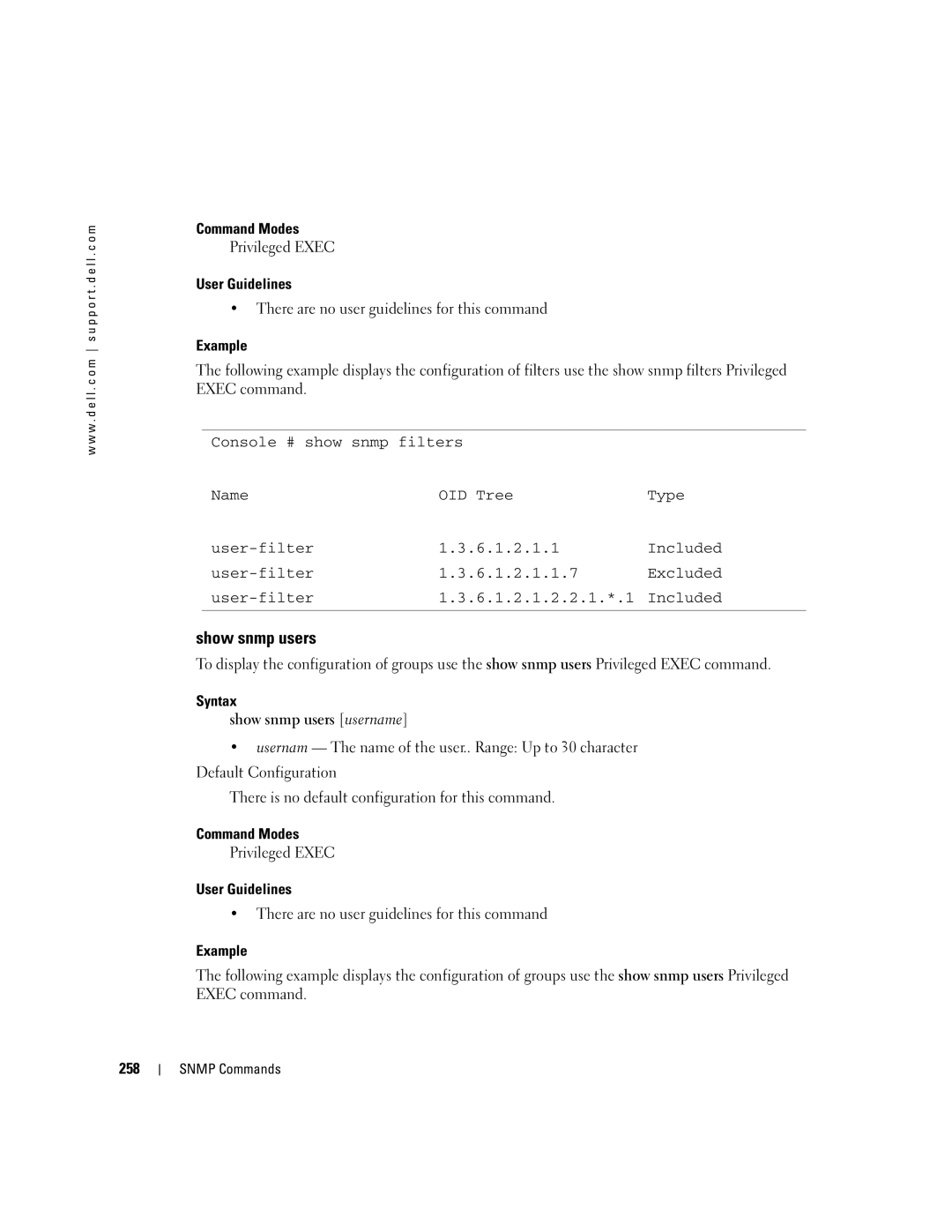 Dell 5324 manual Syntax Show snmp users username, 258 