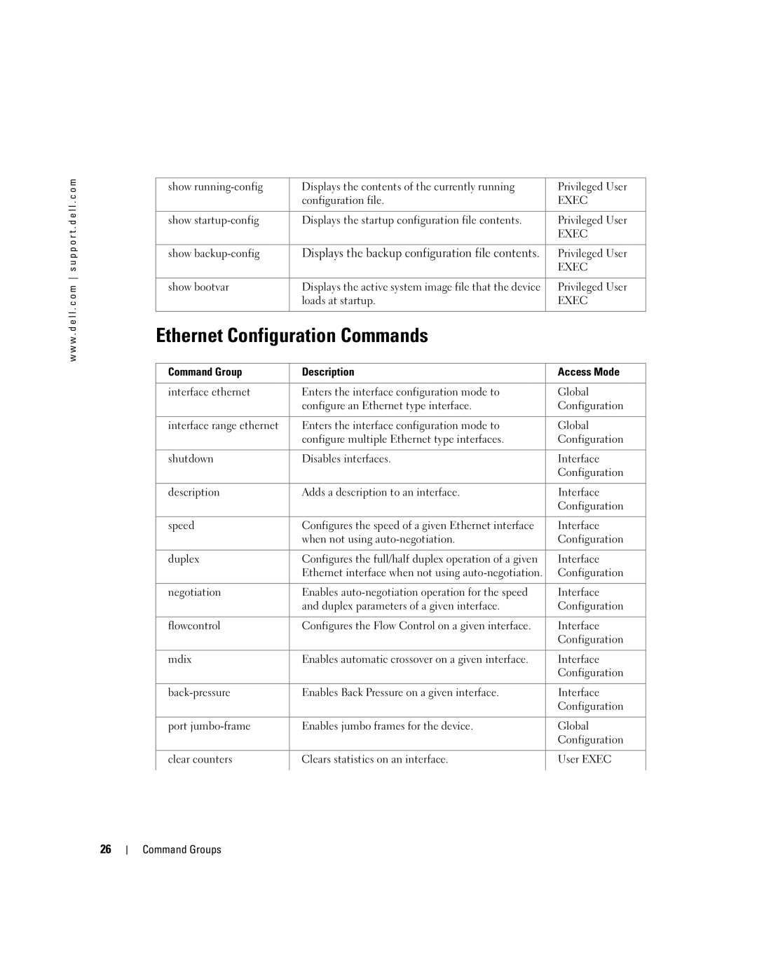 Dell 5324 manual Ethernet Configuration Commands, Displays the backup configuration file contents 