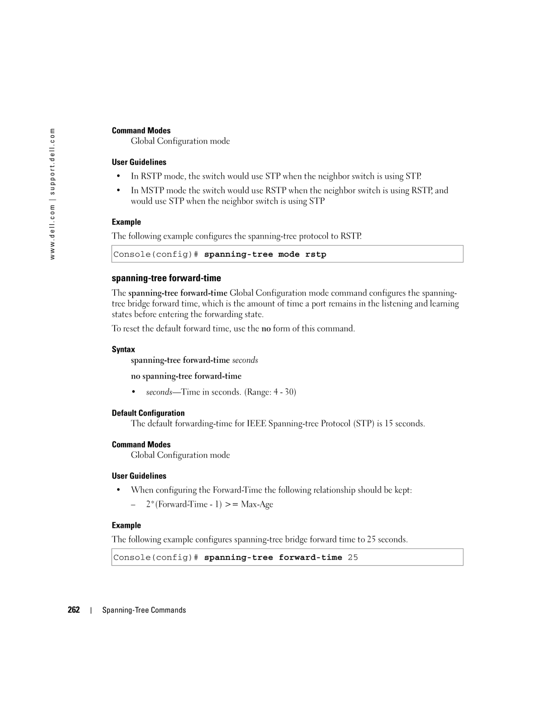 Dell 5324 manual Spanning-tree forward-time, Consoleconfig# spanning-tree mode rstp, Seconds-Time in seconds. Range 4, 262 