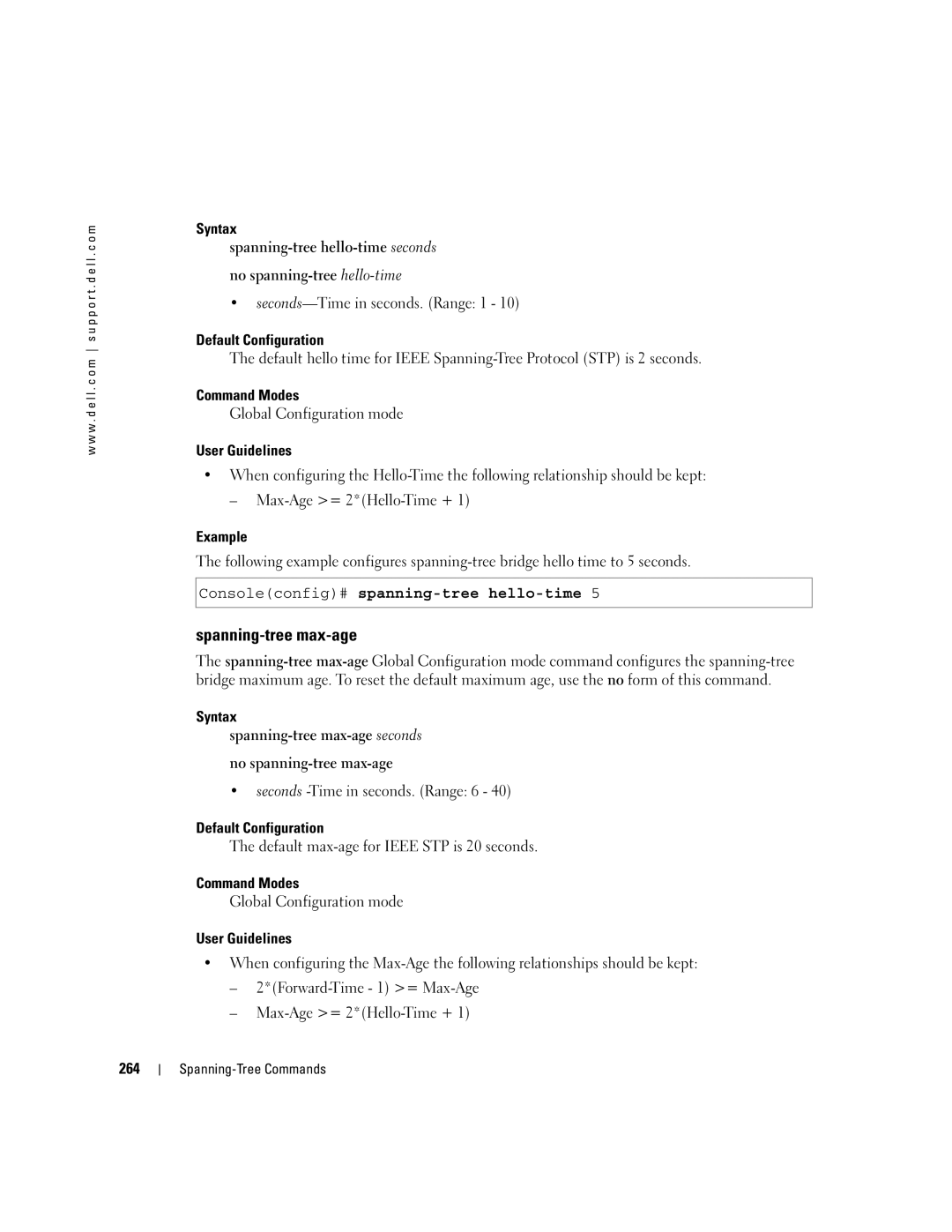 Dell 5324 manual Spanning-tree max-age, Consoleconfig# spanning-tree hello-time, 264 