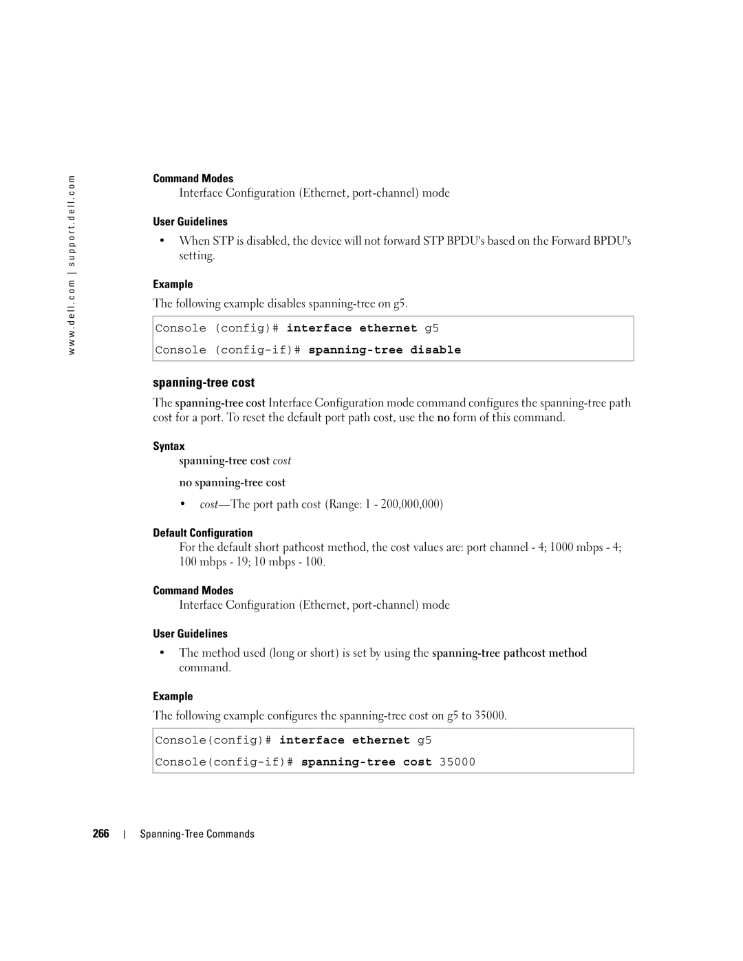 Dell 5324 Spanning-tree cost, Following example disables spanning-tree on g5, Cost-The port path cost Range 1 200,000,000 