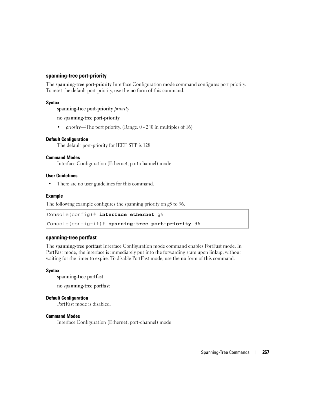 Dell 5324 manual Spanning-tree port-priority, Spanning-tree portfast, Consoleconfig-if#spanning-tree port-priority, 267 