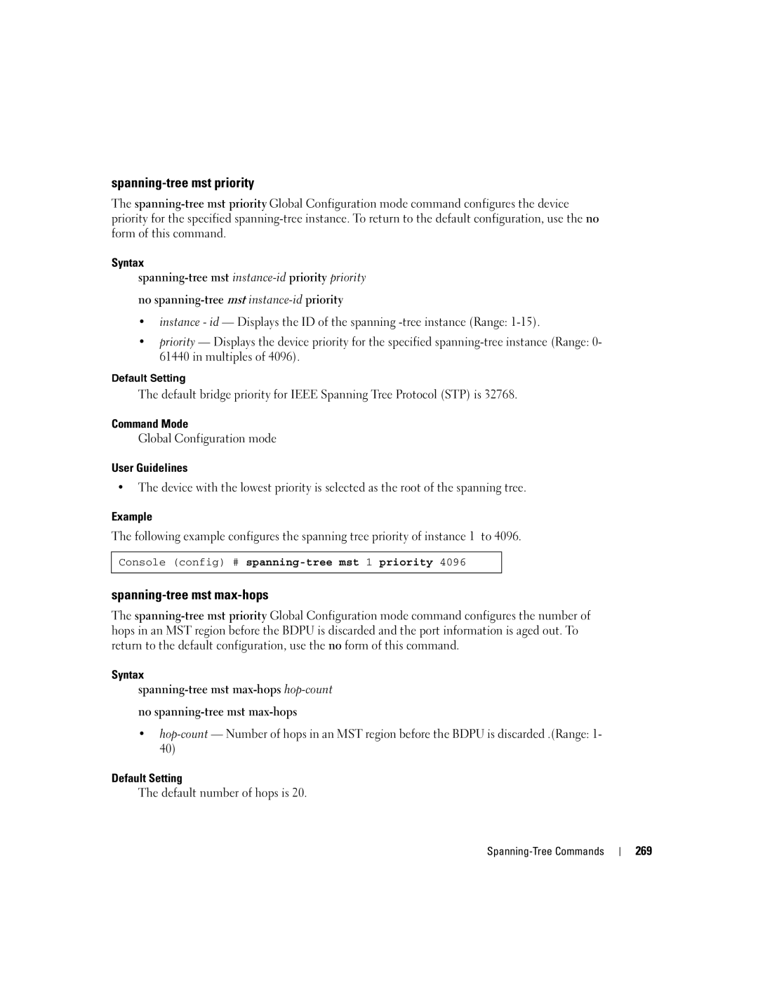 Dell 5324 manual Spanning-tree mst priority, Spanning-tree mst max-hops, Default number of hops is, 269 