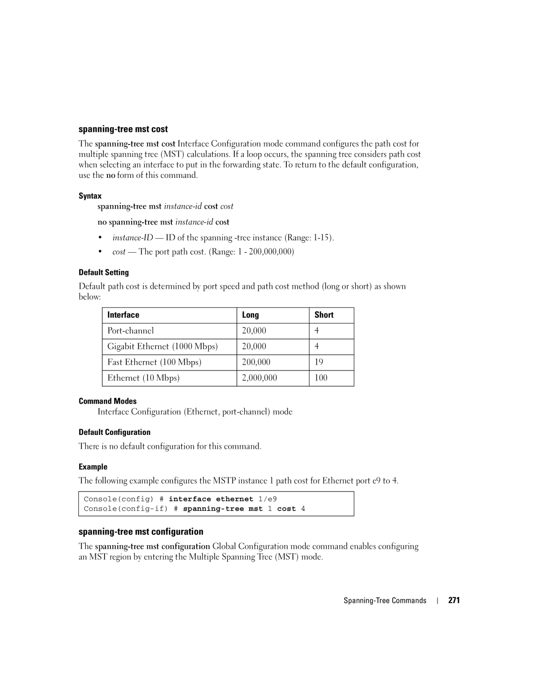 Dell 5324 manual Spanning-tree mst cost, Spanning-tree mst configuration, Interface Long Short, 271 