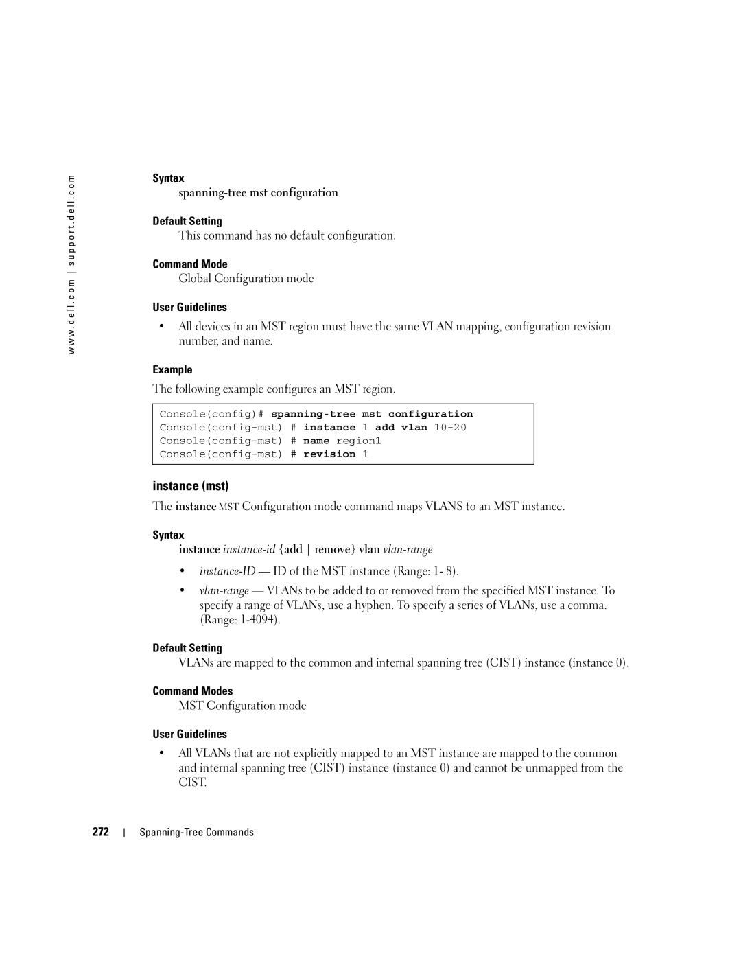 Dell 5324 manual Instance mst, Syntax Spanning-tree mst configuration Default Setting, 272 