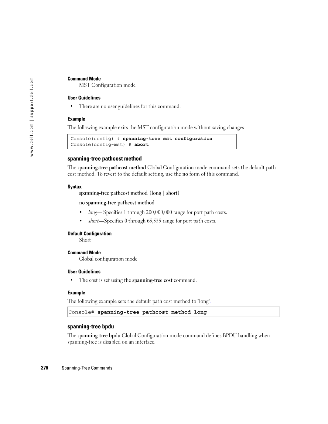 Dell 5324 manual Spanning-tree pathcost method, Spanning-tree bpdu, Console# spanning-tree pathcost method long, 276 