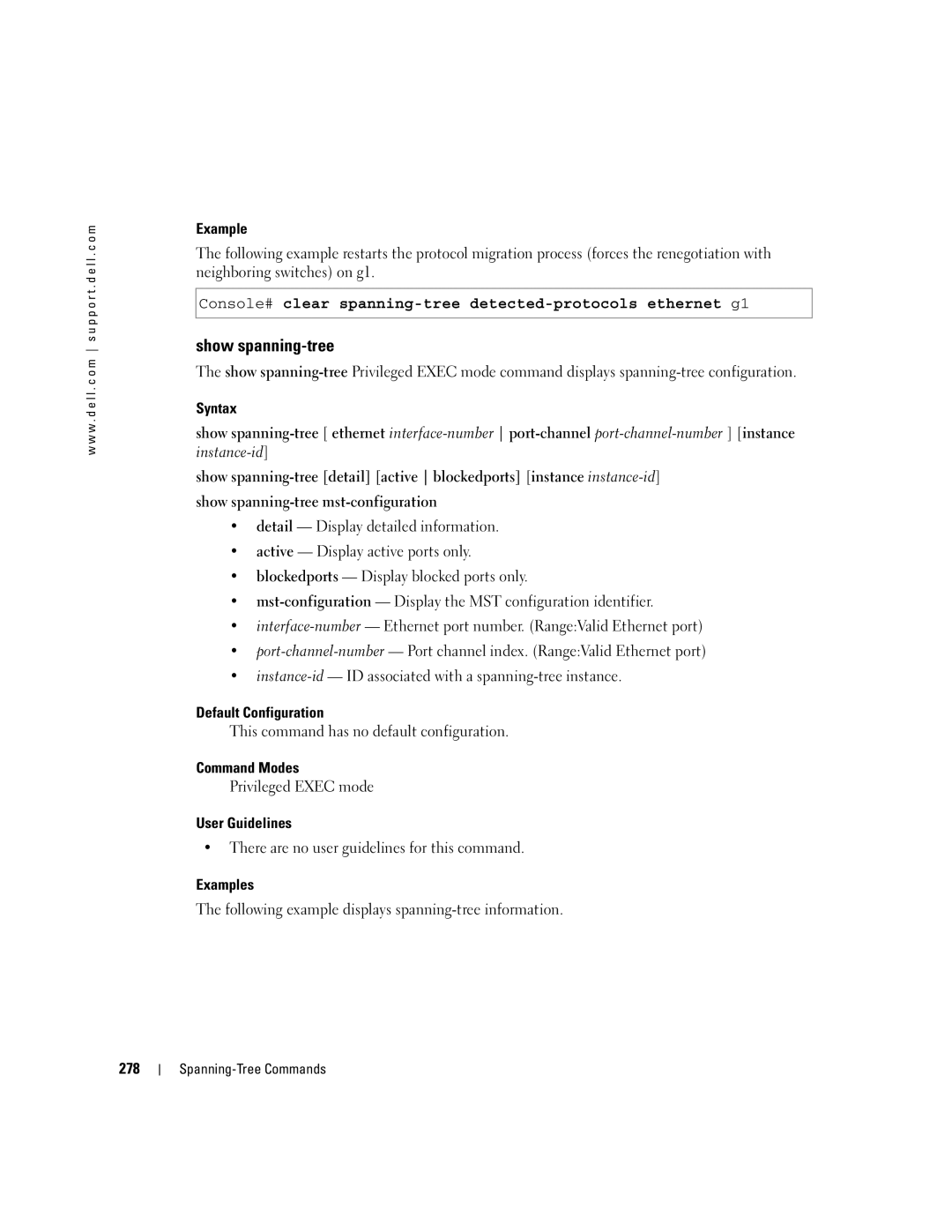 Dell 5324 manual Show spanning-tree, Console# clear spanning-tree detected-protocols ethernet g1, 278 