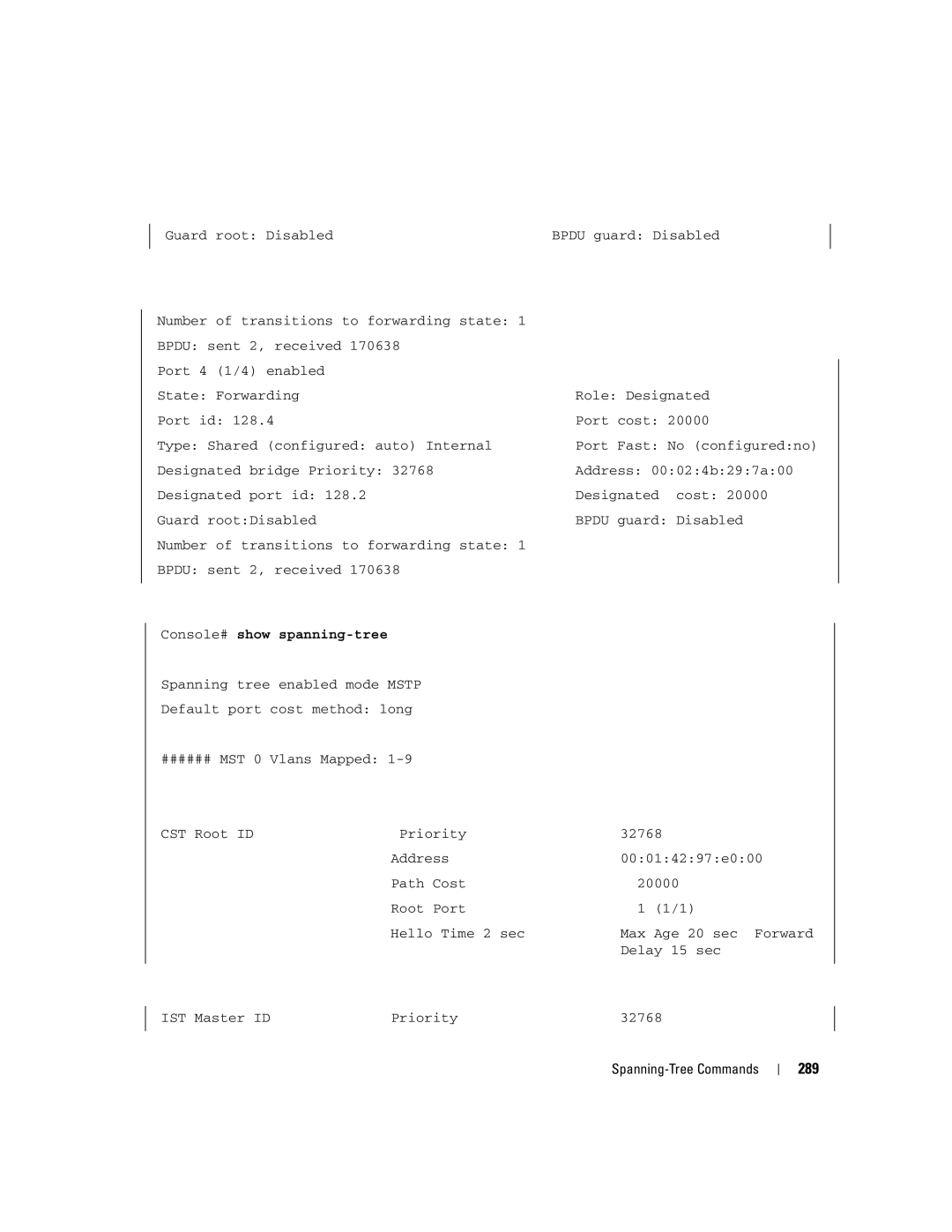 Dell 5324 manual 289, Console# show spanning-tree 