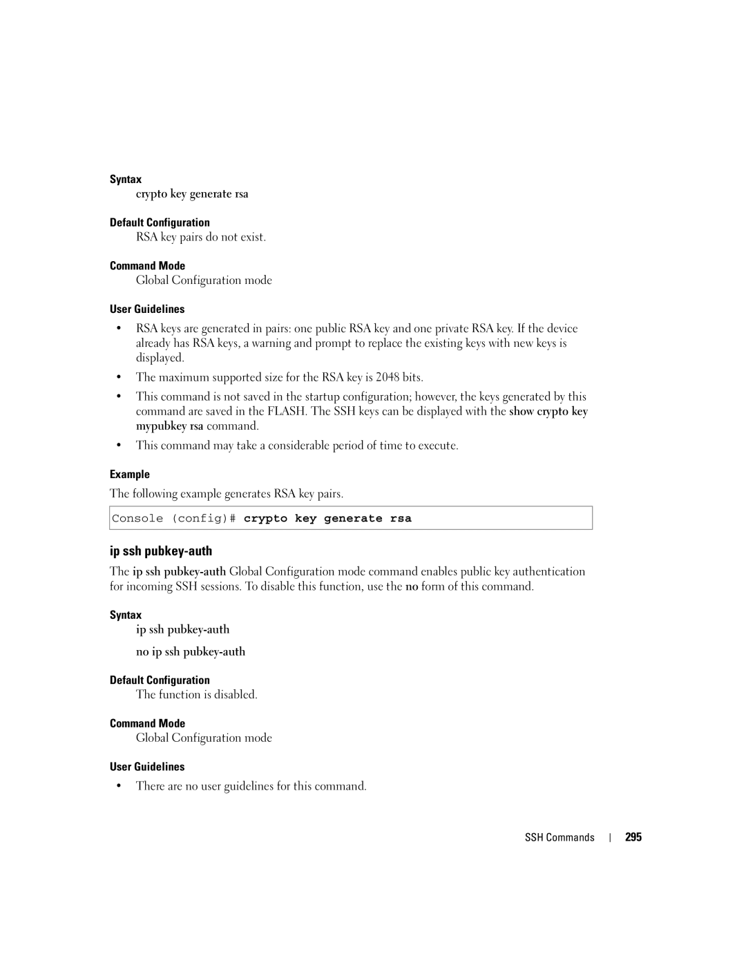 Dell 5324 manual Ip ssh pubkey-auth, Syntax Crypto key generate rsa Default Configuration, 295 