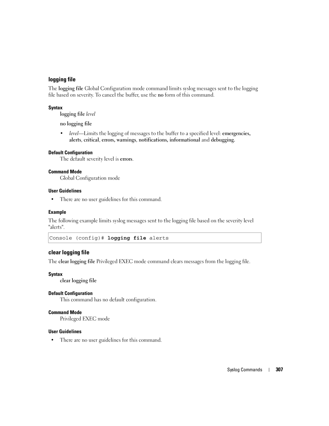 Dell 5324 manual Clear logging file, Syntax Logging file level No logging file, 307 