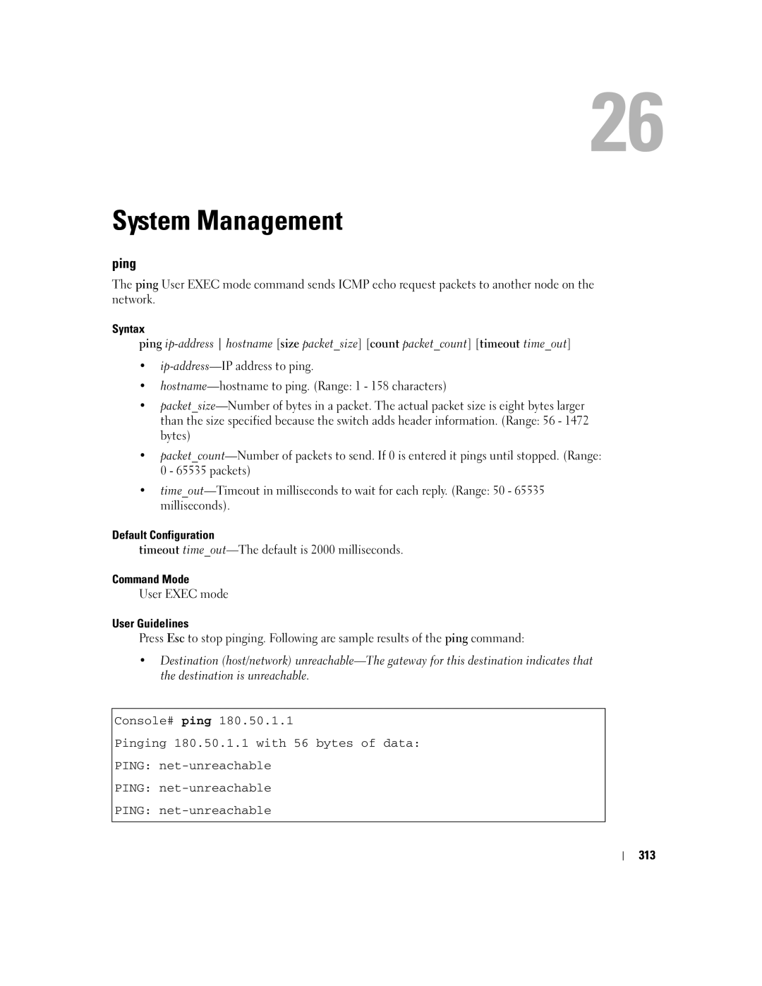 Dell 5324 manual System Management, Ping, Timeout timeout-The default is 2000 milliseconds, 313 