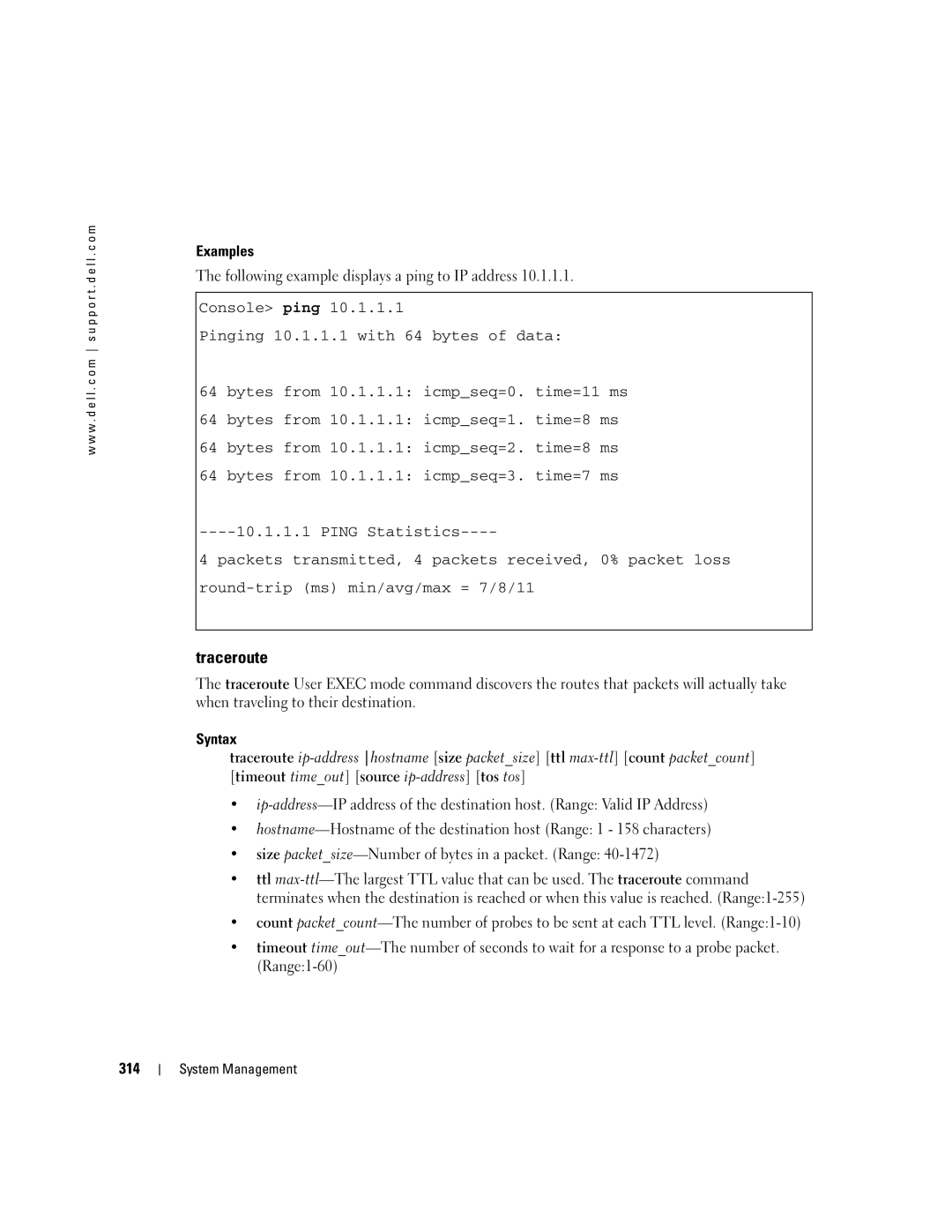 Dell 5324 manual Traceroute, Following example displays a ping to IP address, 314 