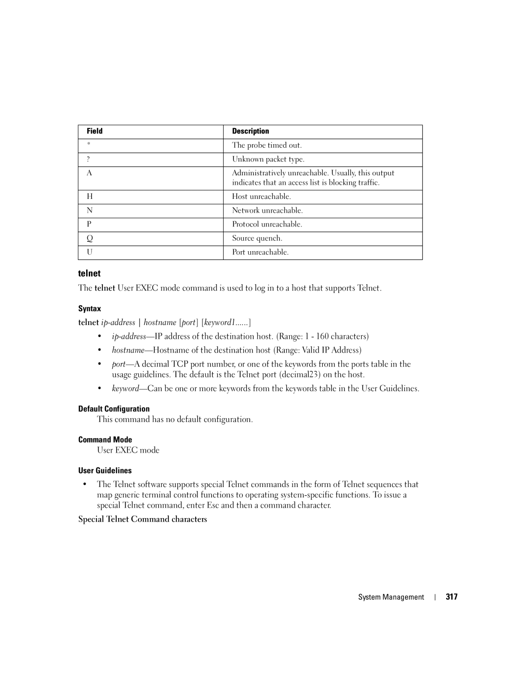 Dell 5324 manual Special Telnet Command characters, 317 