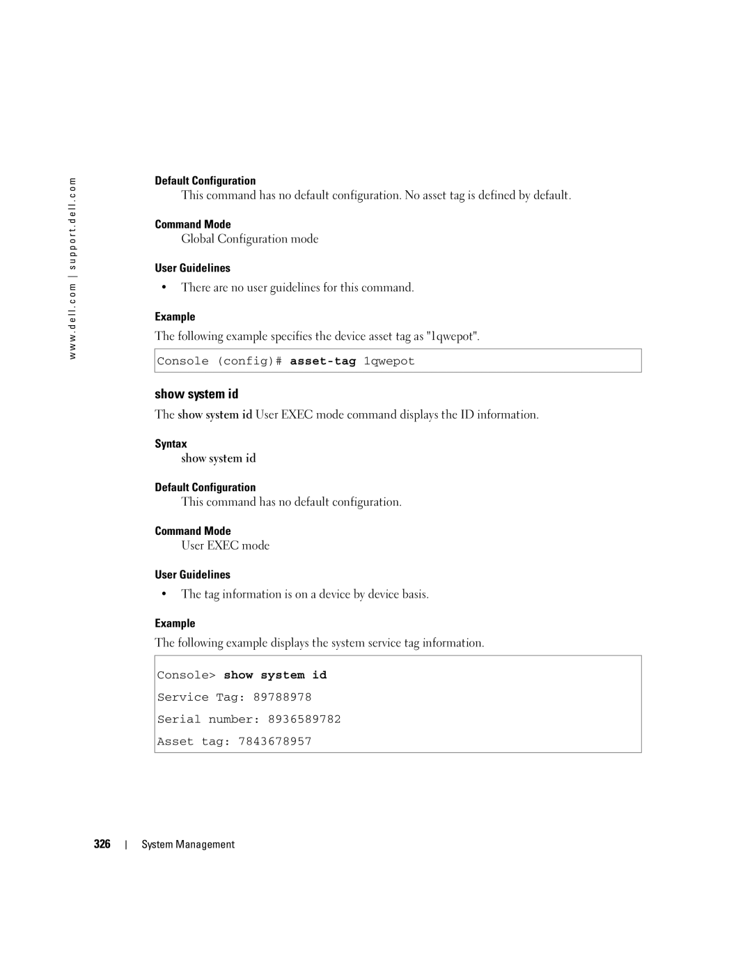 Dell 5324 manual Syntax Show system id Default Configuration, Console show system id, 326 