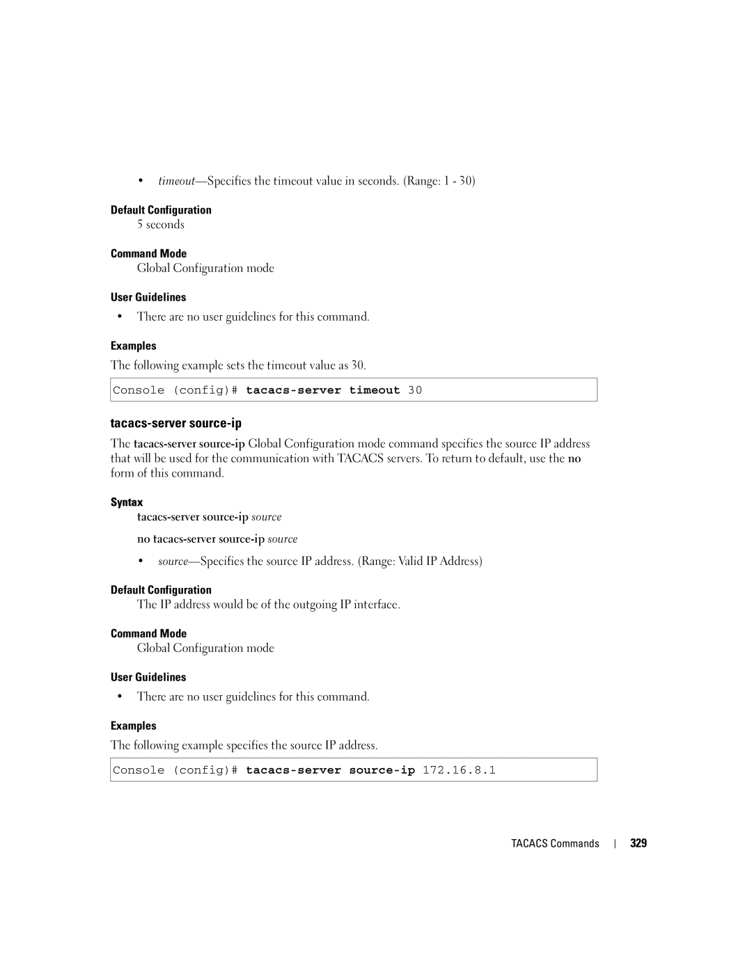 Dell 5324 manual Tacacs-server source-ip, Console config# tacacs-server timeout, 329 