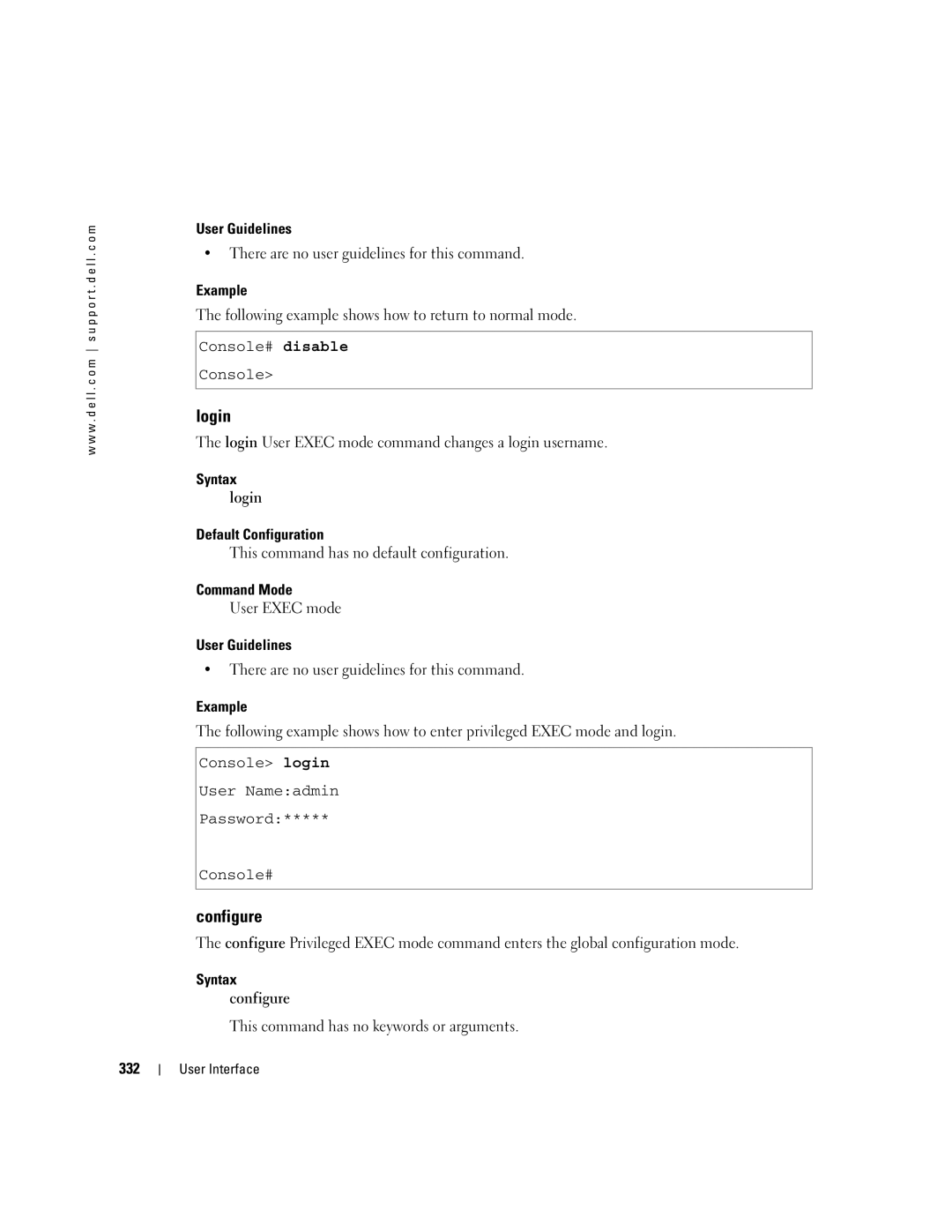 Dell 5324 manual Syntax Login Default Configuration, Syntax Configure, 332 