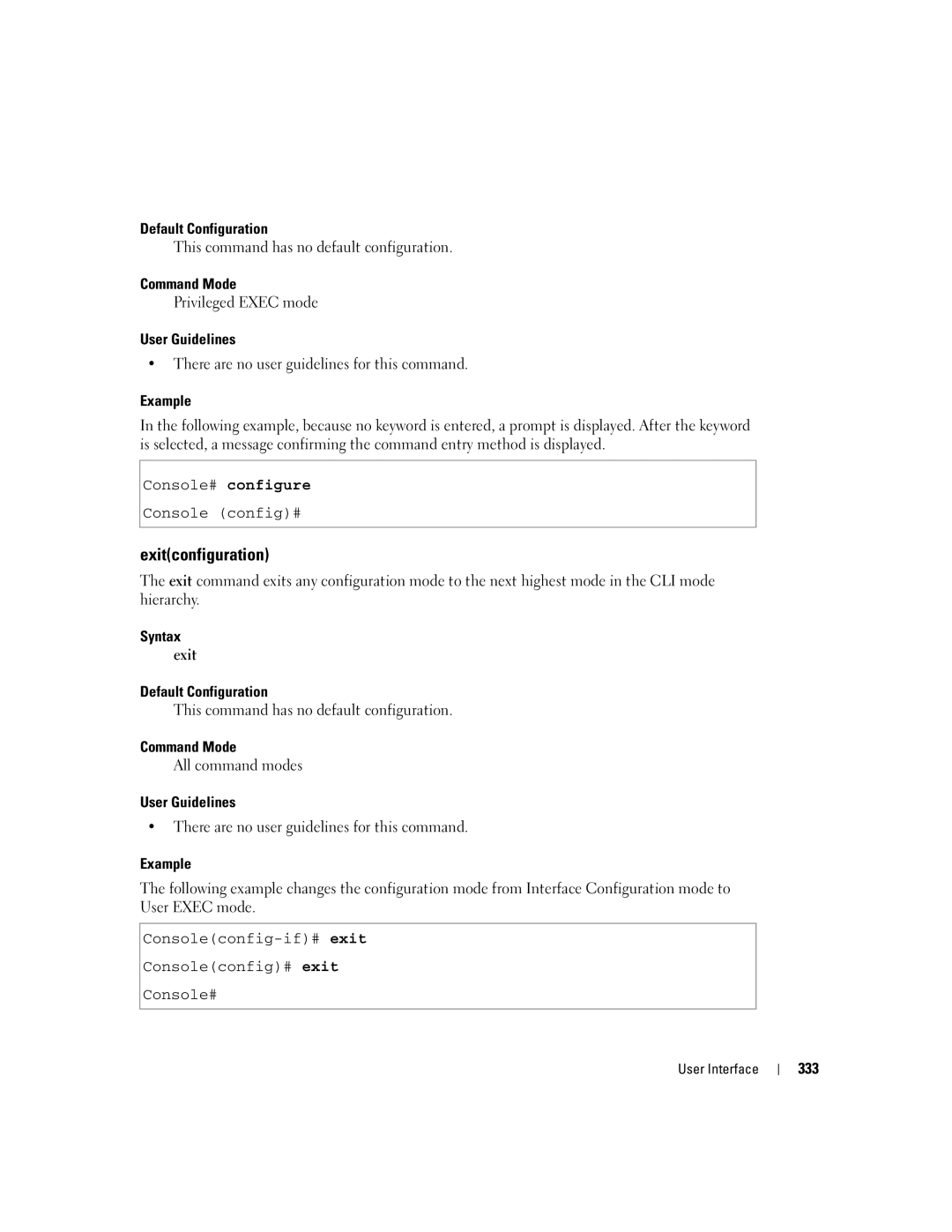 Dell 5324 manual Exitconfiguration, Syntax Exit Default Configuration, All command modes, 333 