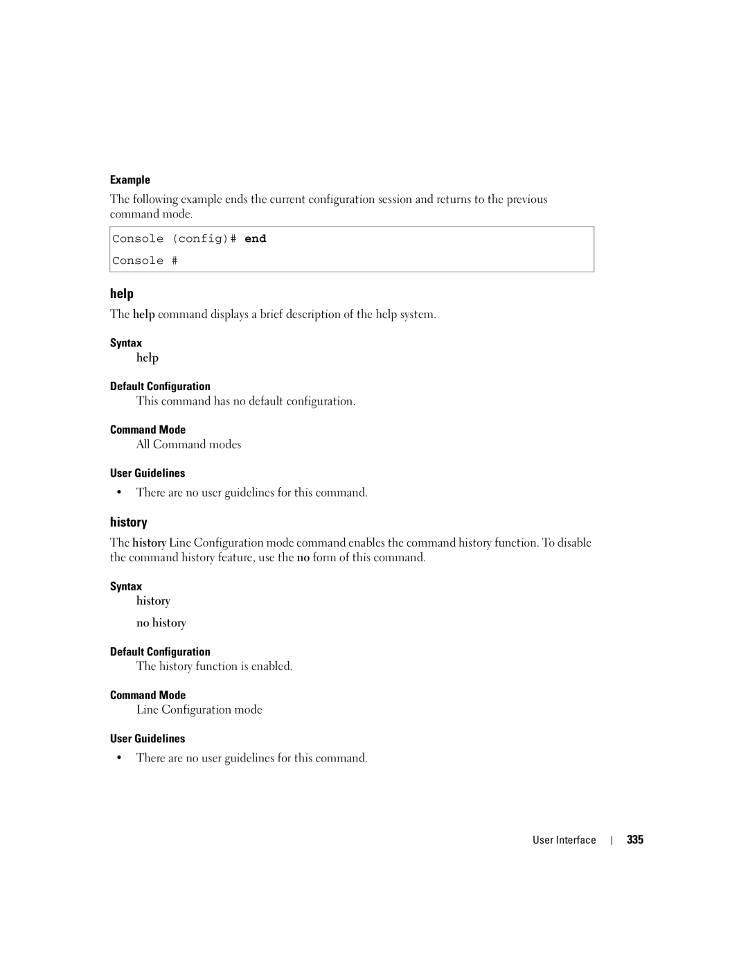 Dell 5324 manual Syntax Help Default Configuration, Syntax History No history Default Configuration, 335 