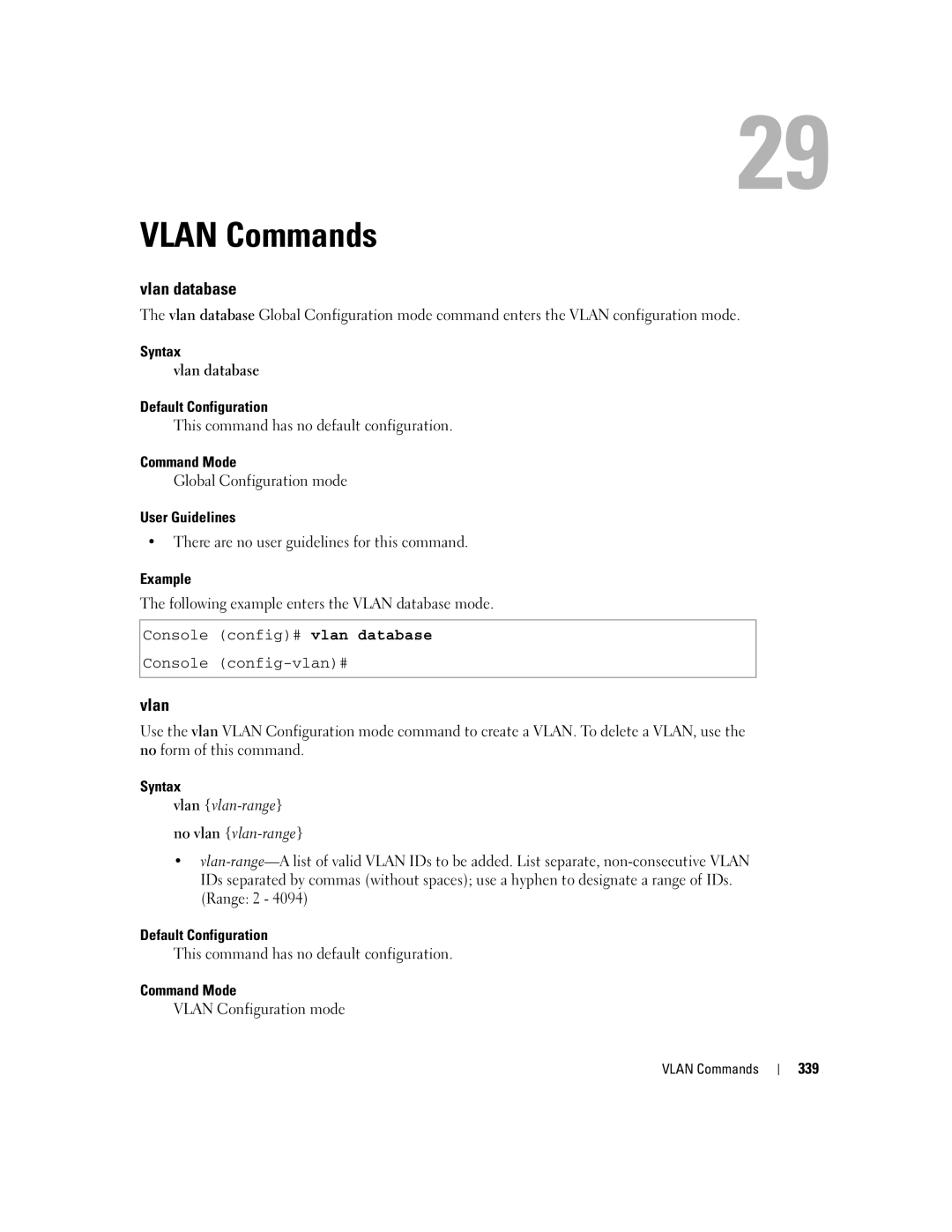 Dell 5324 manual Vlan Commands, Vlan database 