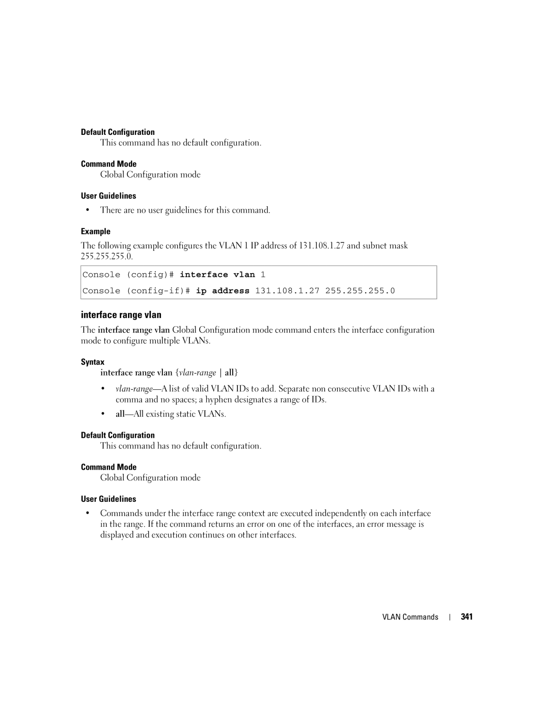 Dell 5324 manual Syntax Interface range vlan vlan-range all, 341 