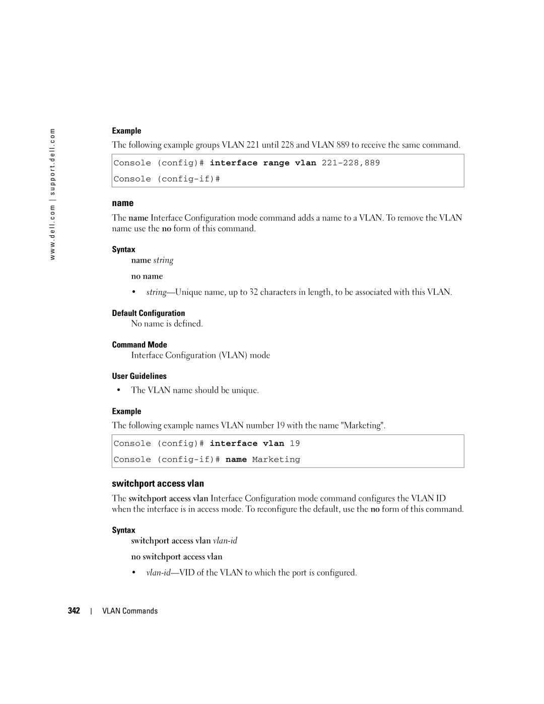 Dell 5324 manual Switchport access vlan, Syntax Name string no name, 342 