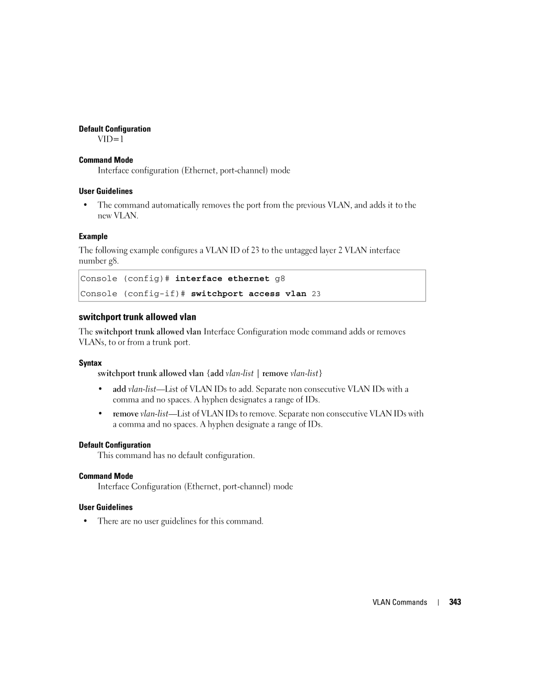 Dell 5324 manual Switchport trunk allowed vlan, Console config-if#switchport access vlan, 343 