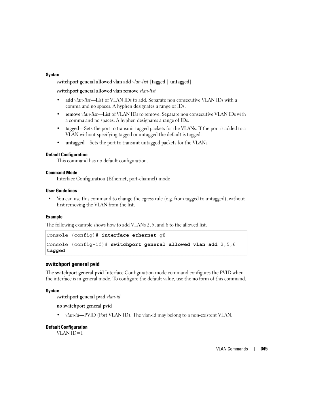 Dell 5324 manual Switchport general pvid, 345 
