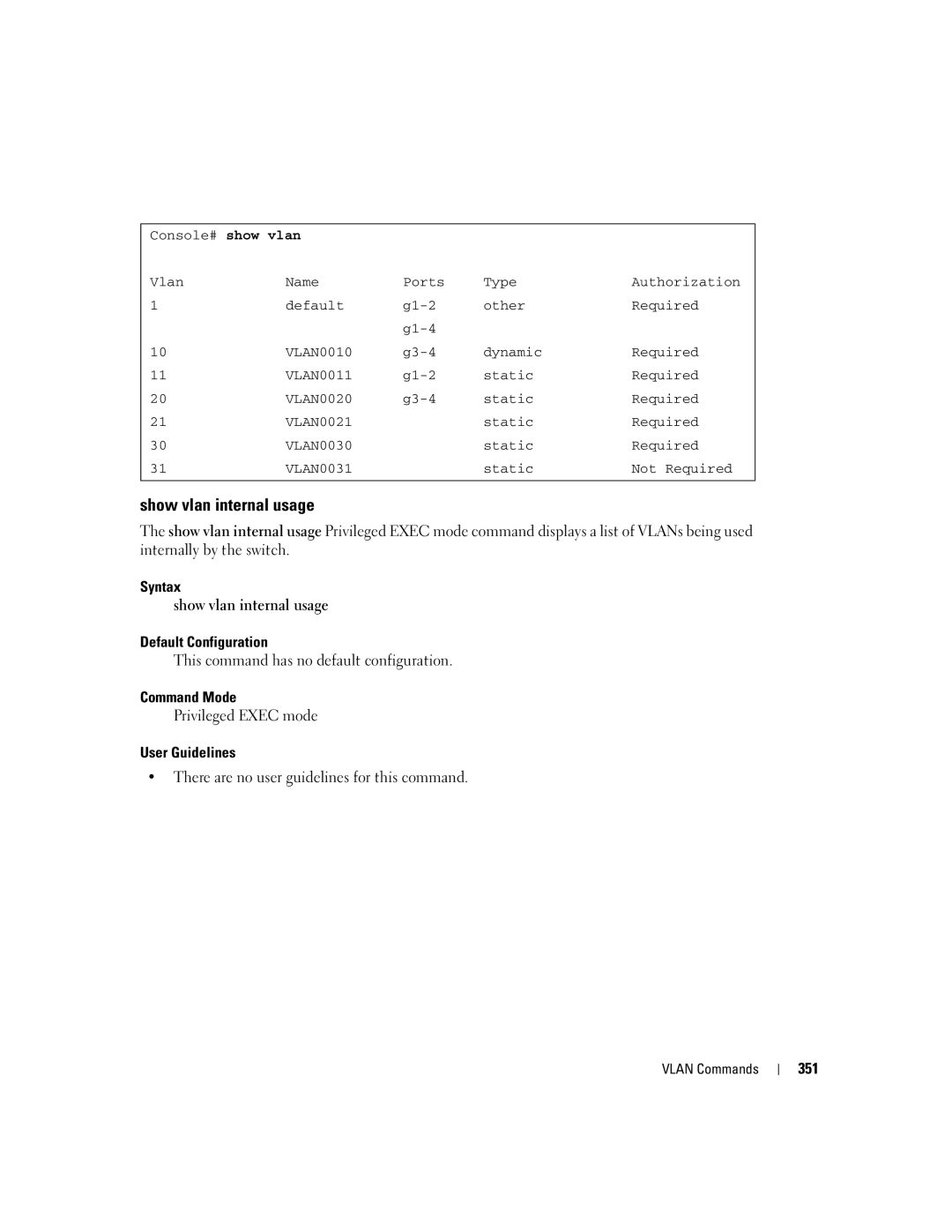 Dell 5324 manual Syntax Show vlan internal usage Default Configuration, 351 