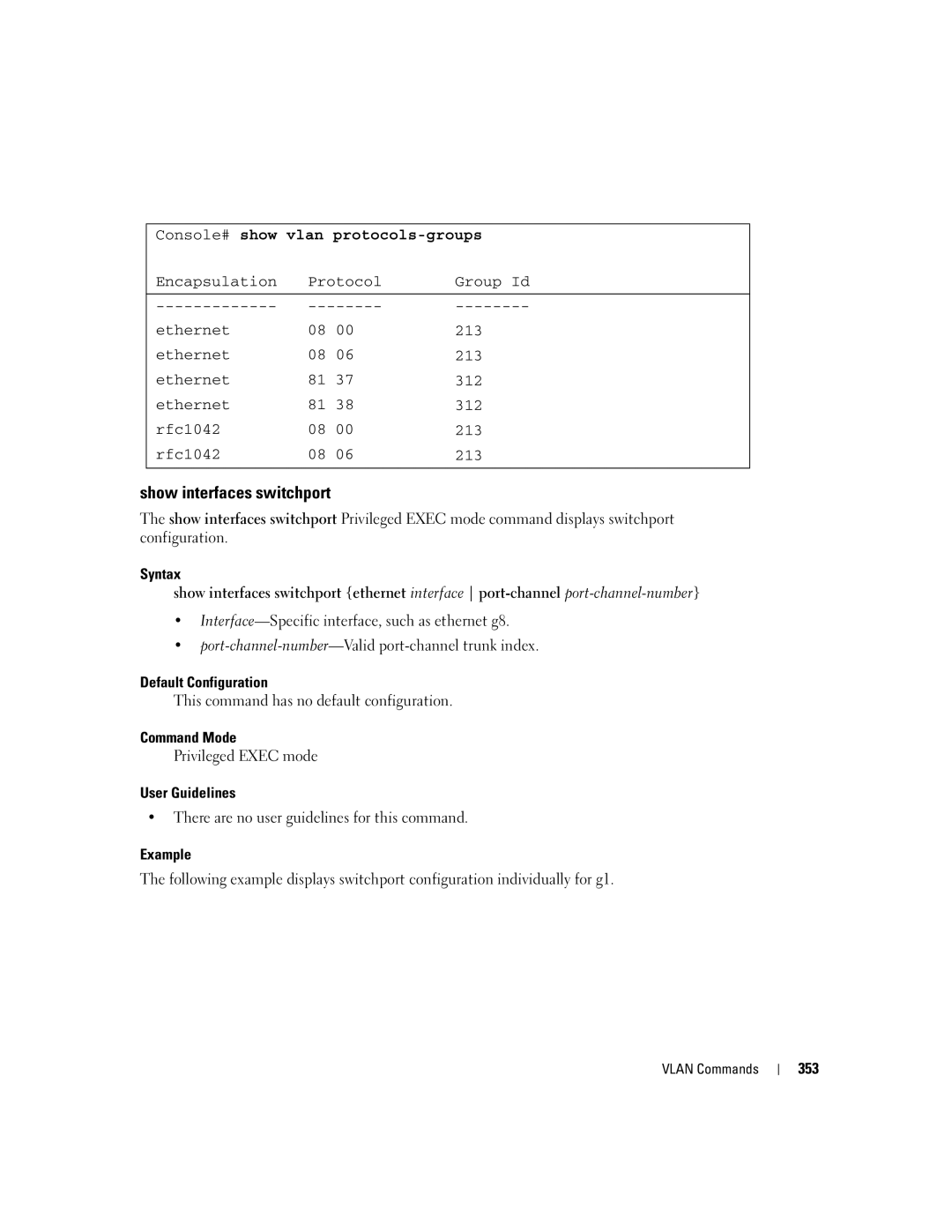 Dell 5324 manual Show interfaces switchport, Console# show vlan protocols-groups, 353 