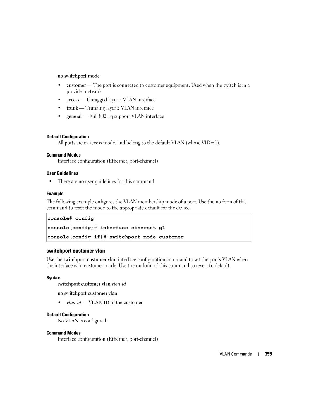 Dell 5324 manual Switchport customer vlan, No switchport mode, Vlan-id- Vlan ID of the customer, No Vlan is configured, 355 