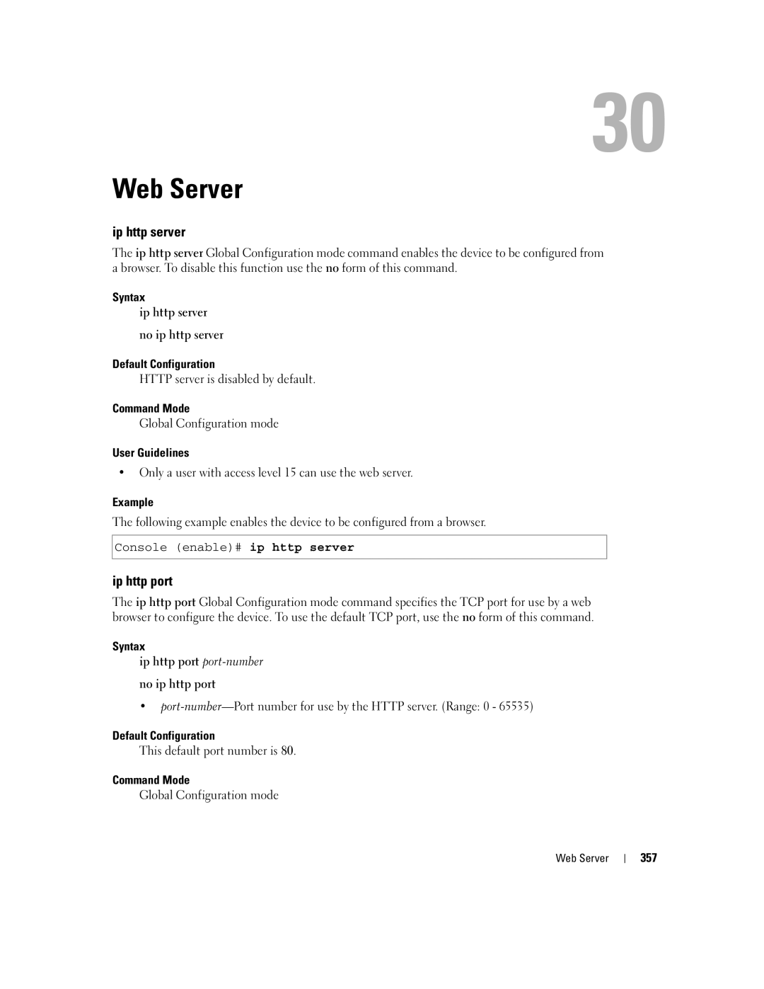 Dell 5324 manual Web Server, Ip http server, Syntax Ip http port port-number No ip http port, 357 