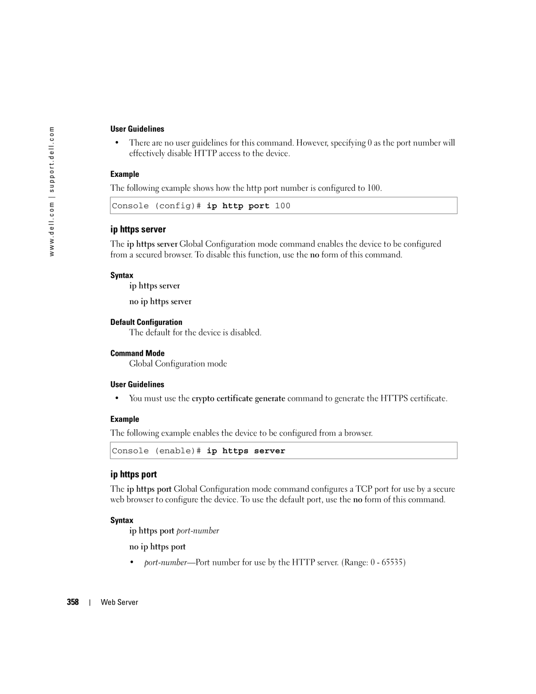 Dell 5324 manual Ip https server, Ip https port, Default for the device is disabled, 358 