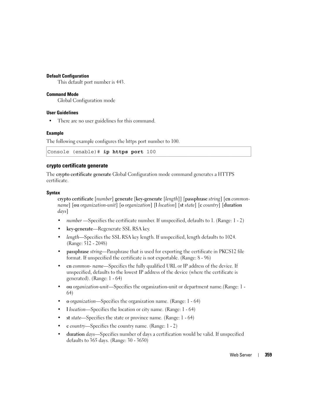 Dell 5324 manual Crypto certificate generate, Following example configures the https port number to, 359 