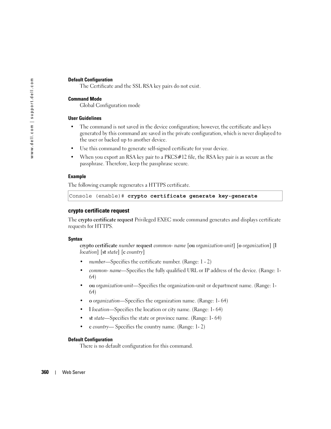 Dell 5324 manual Crypto certificate request, Certificate and the SSL RSA key pairs do not exist, 360 