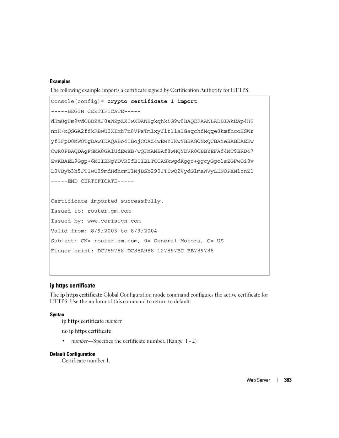 Dell 5324 manual Ip https certificate, Consoleconfig# crypto certificate 1 import, Certificate number, 363 