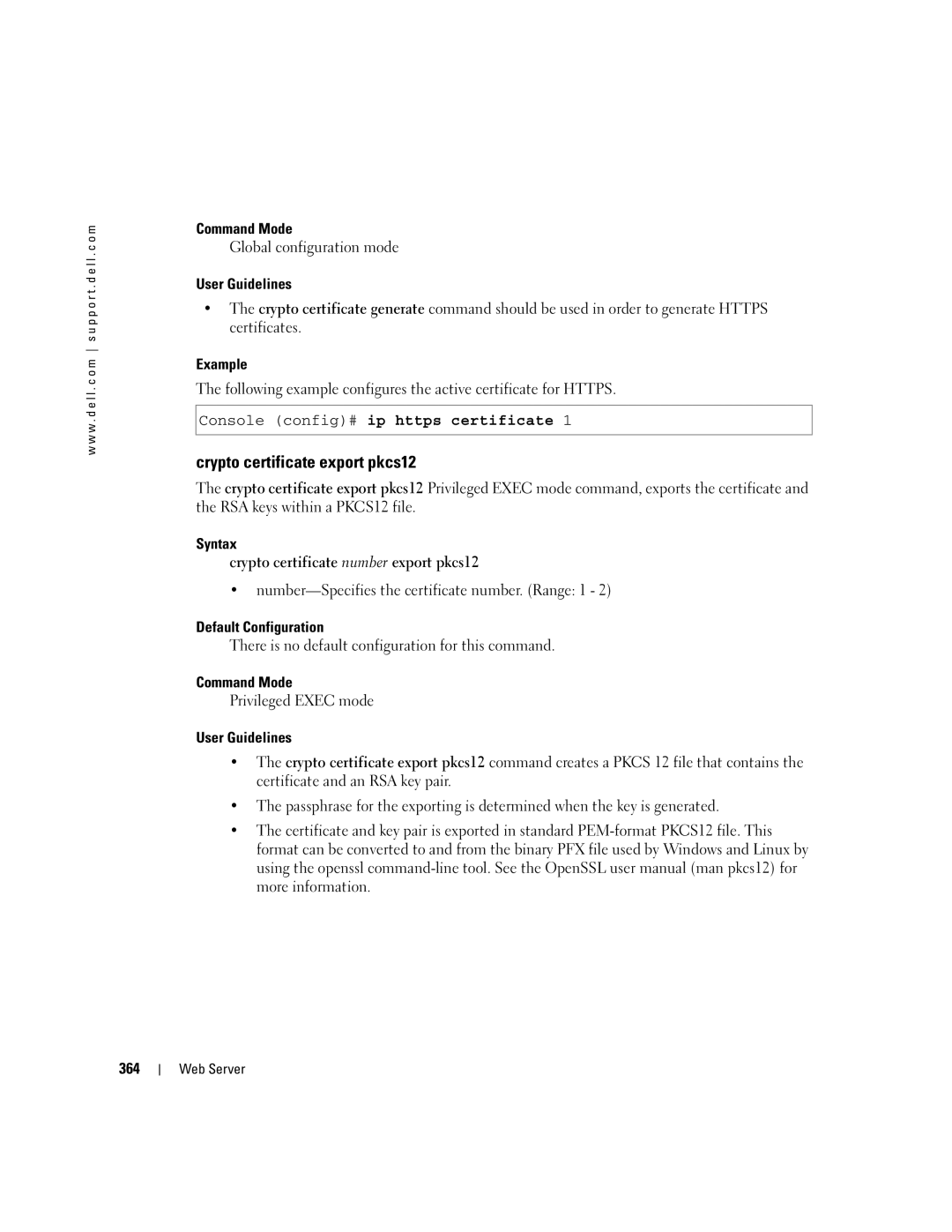 Dell 5324 manual Crypto certificate export pkcs12, Console config# ip https certificate, 364 