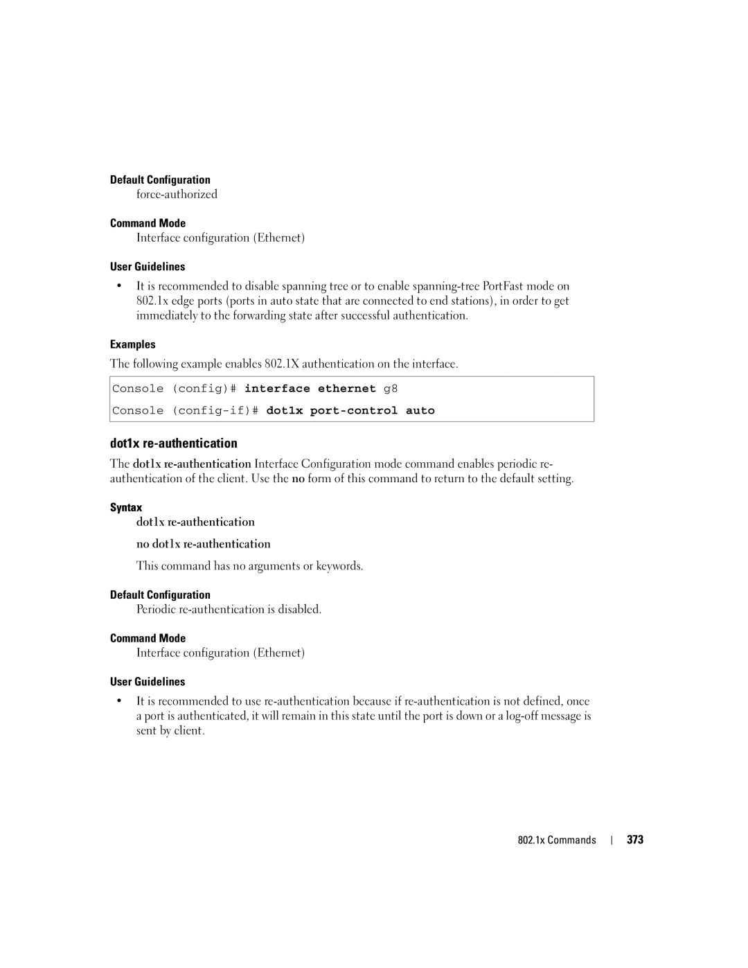 Dell 5324 manual Dot1x re-authentication, Console config-if#dot1x port-control auto, 373 