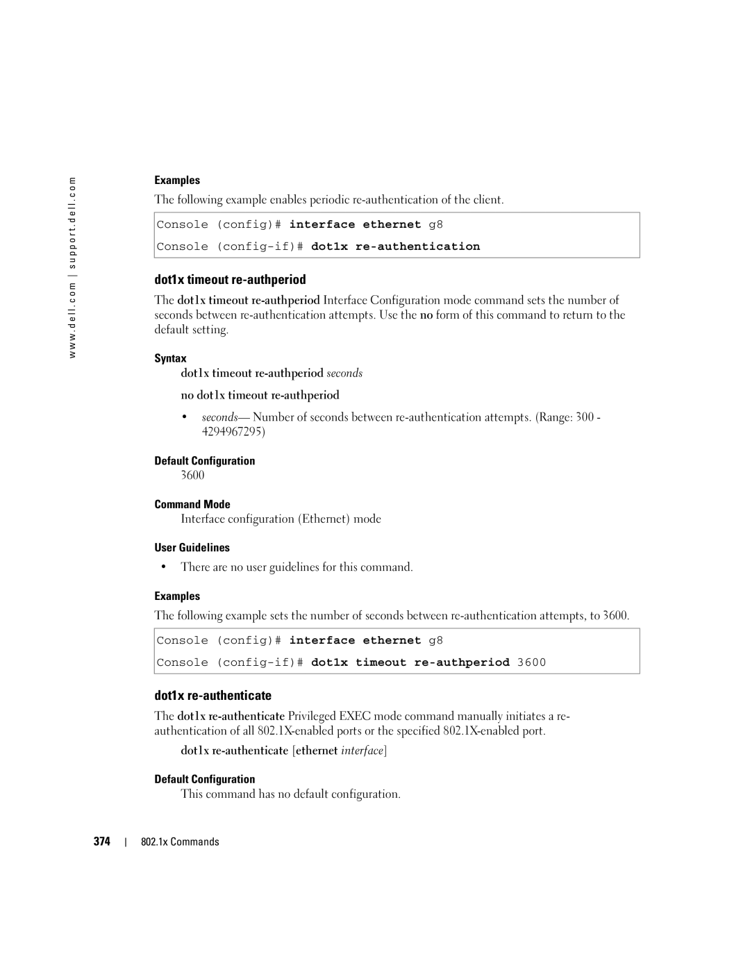 Dell 5324 manual Dot1x timeout re-authperiod, Dot1x re-authenticate, Console config-if#dot1x re-authentication, 374 