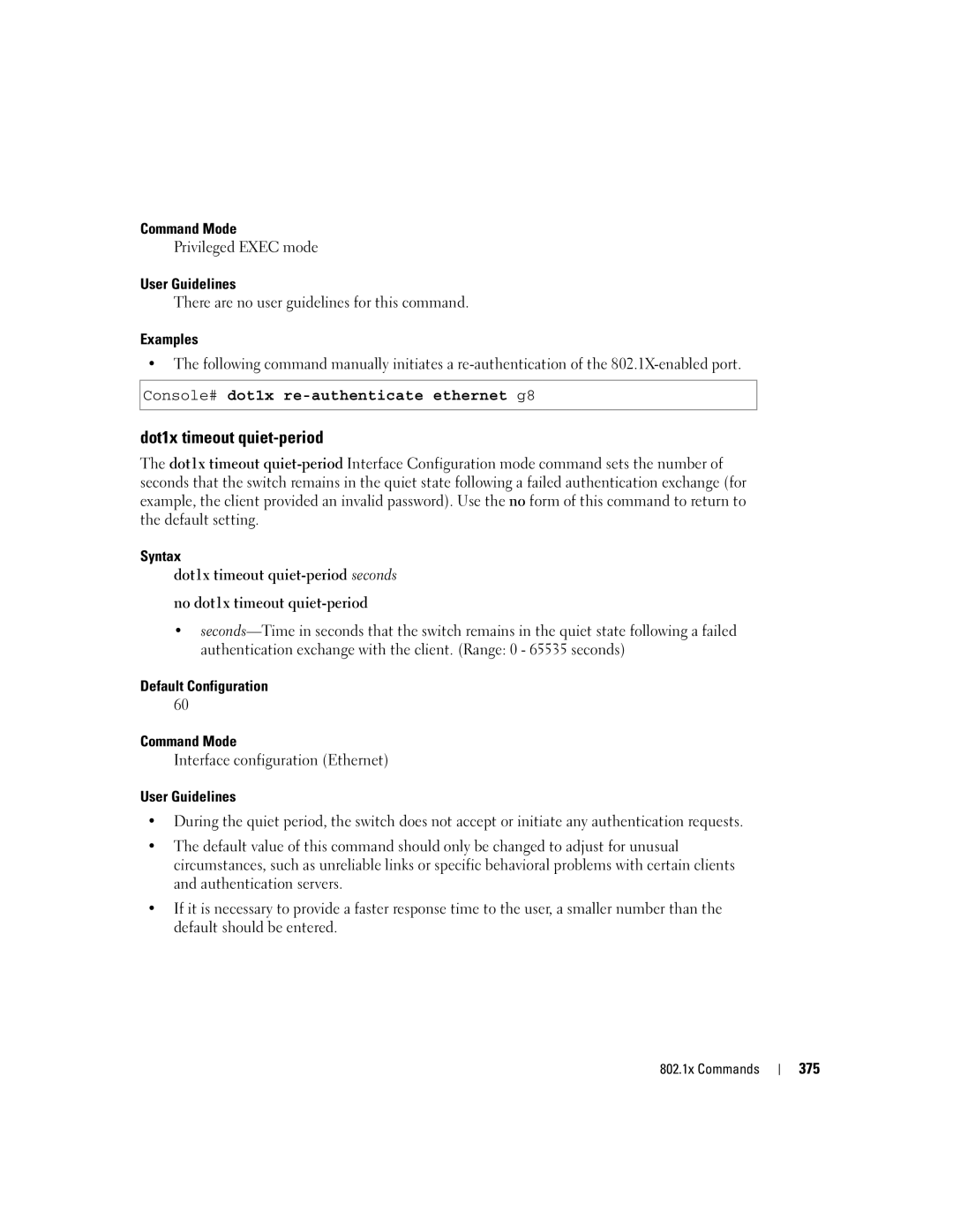 Dell 5324 manual Dot1x timeout quiet-period, Console# dot1x re-authenticate ethernet g8, 375 