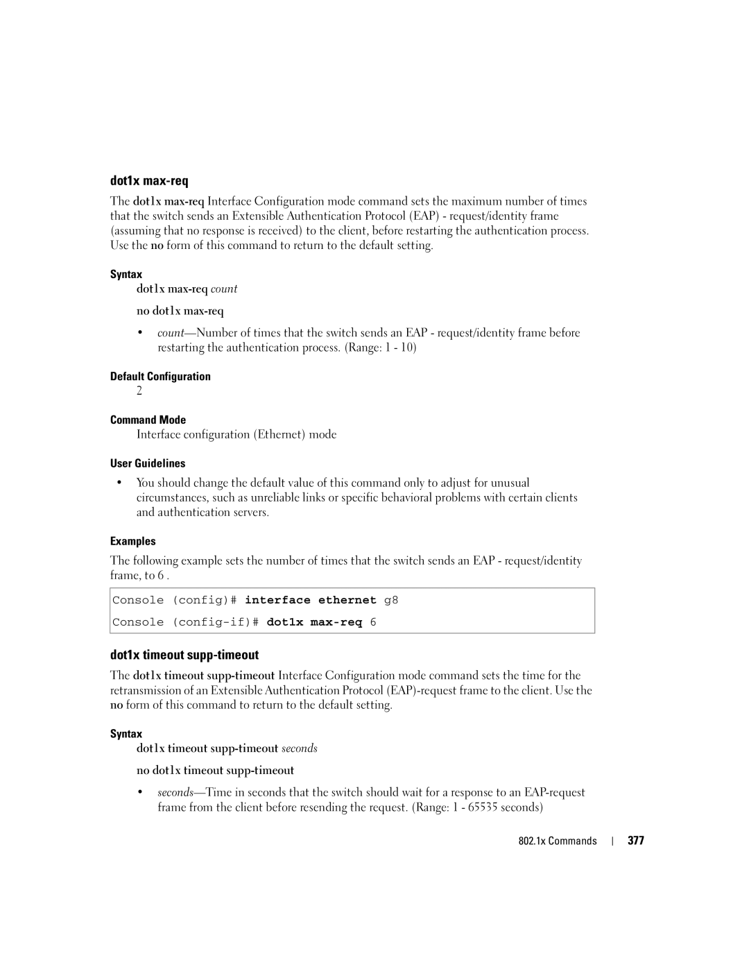 Dell 5324 manual Dot1x timeout supp-timeout, Syntax Dot1x max-req count No dot1x max-req, 377 