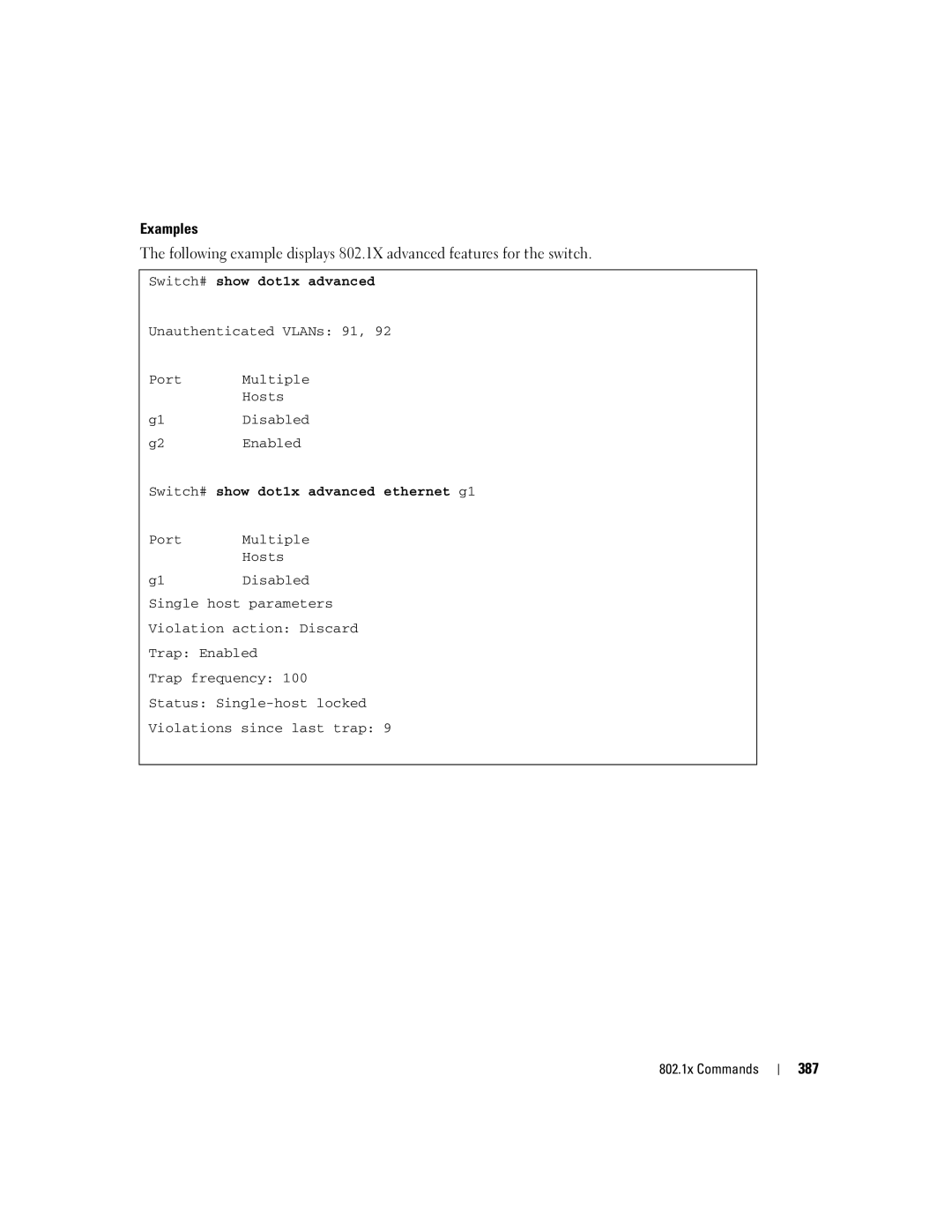 Dell 5324 manual 387, Switch# show dot1x advanced ethernet g1 