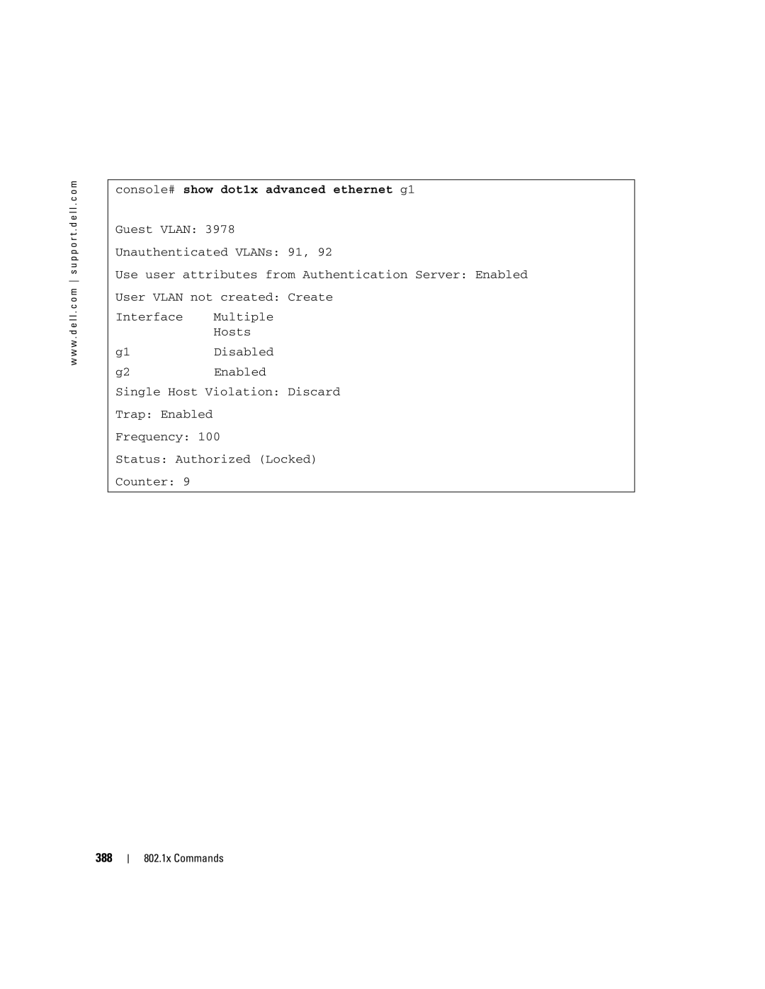 Dell 5324 manual Console# show dot1x advanced ethernet g1, 388 