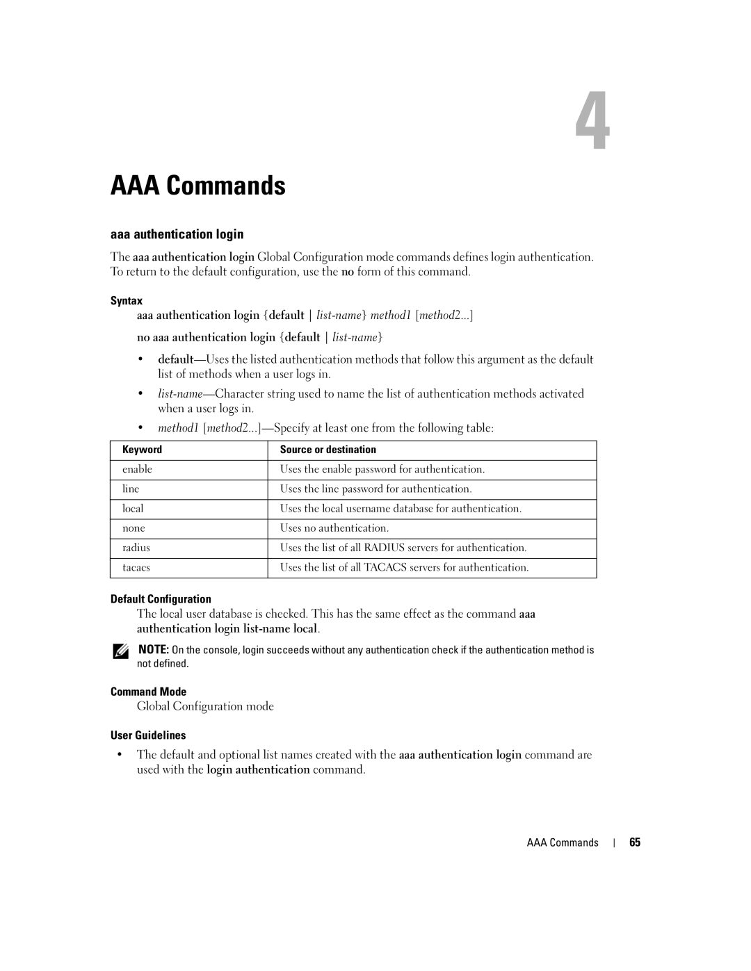 Dell 5324 manual AAA Commands, Aaa authentication login, Default Configuration, Command Mode, User Guidelines 