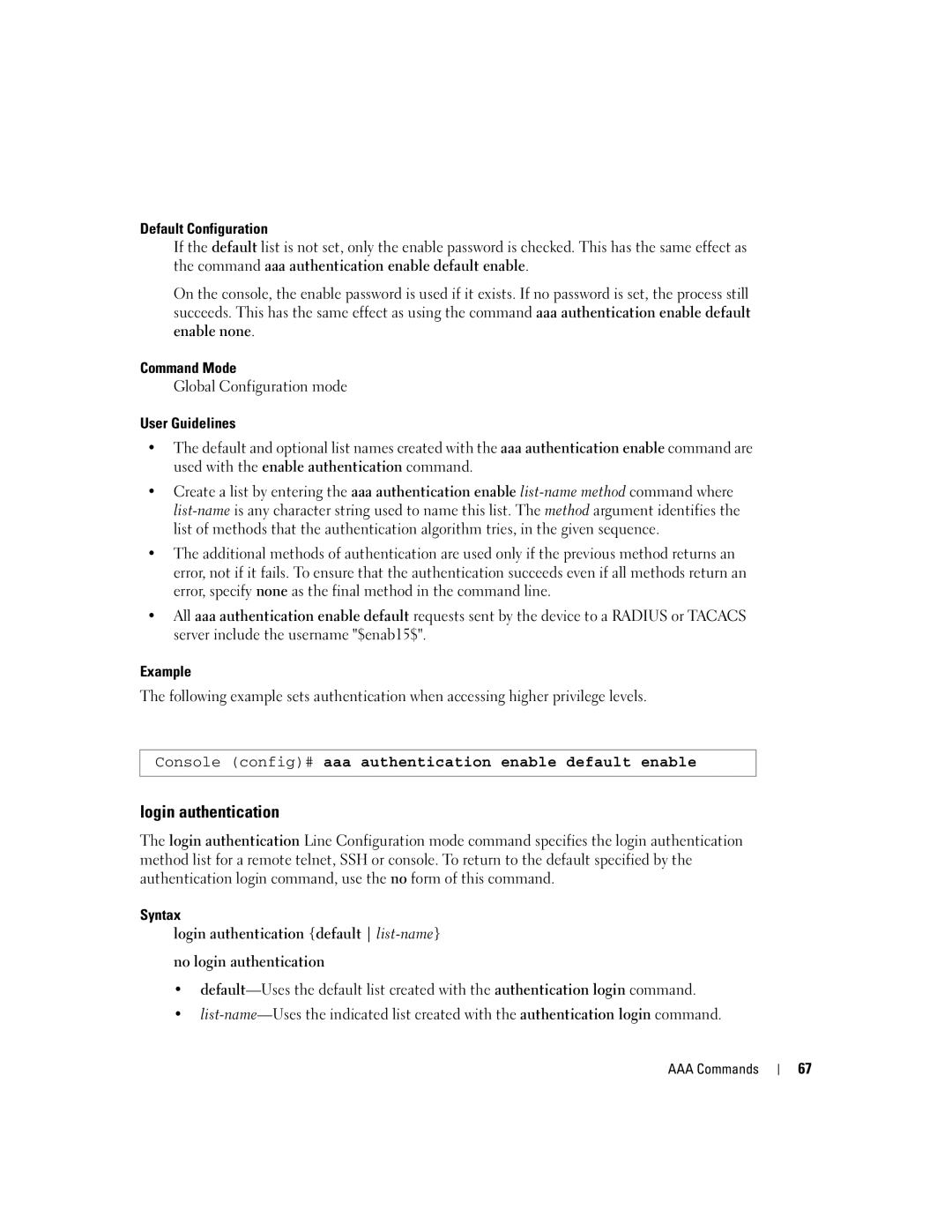 Dell 5324 manual Login authentication, Console config# aaa authentication enable default enable 