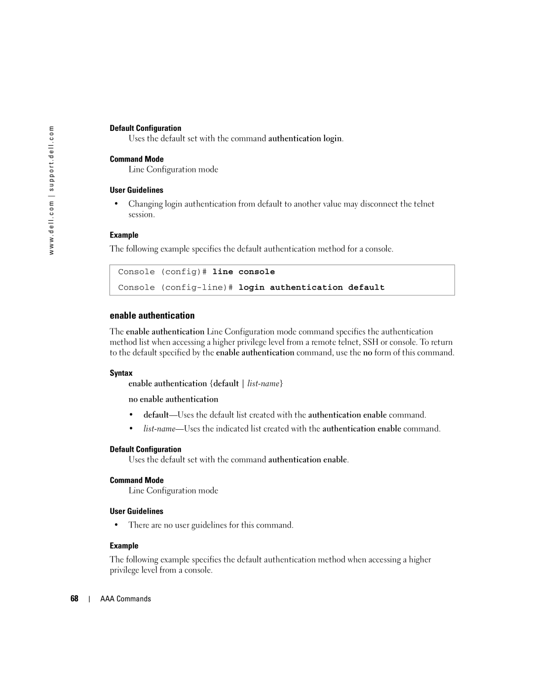 Dell 5324 manual Enable authentication, Console config-line#login authentication default 