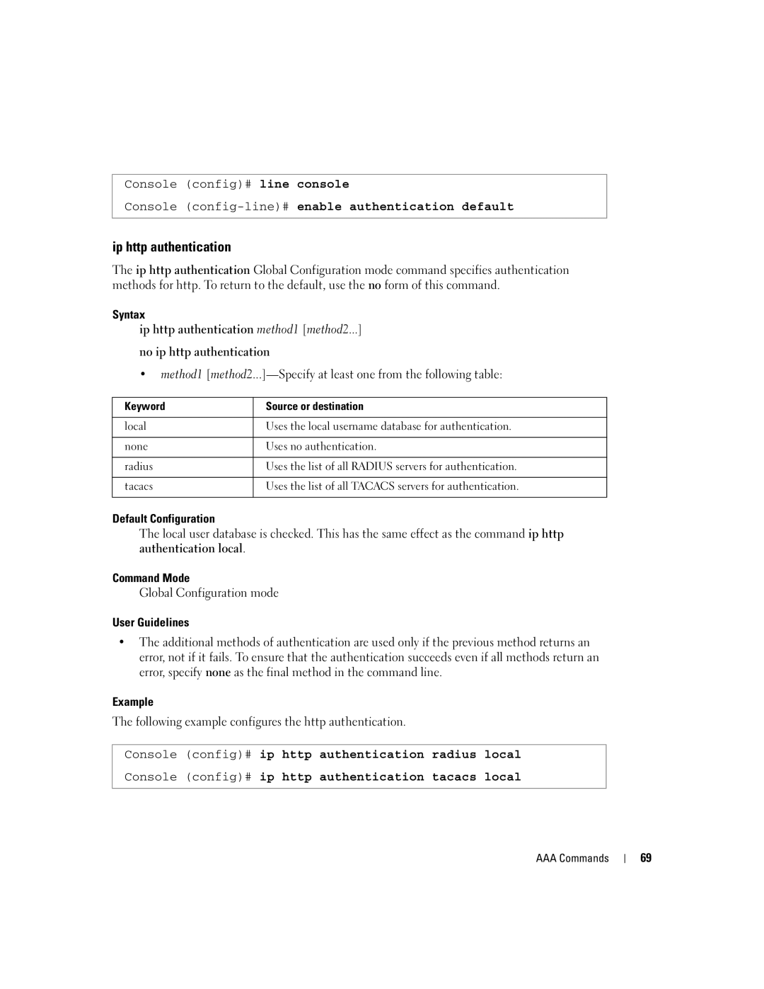 Dell 5324 manual Ip http authentication, Console config-line#enable authentication default 